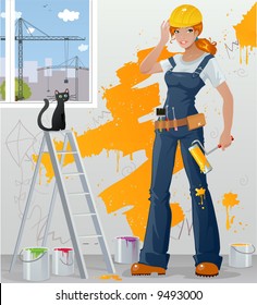 Workgirl holding paint-roller and smiling