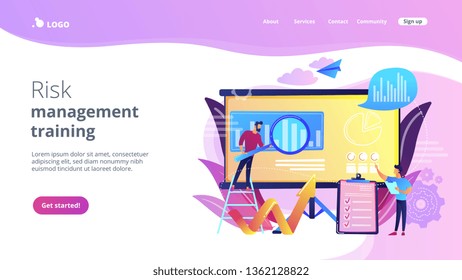 Workgroup admit and identify, measure and prioritize, implement a strategy. Risk management team, risk management training and objective concept. Website vibrant violet landing web page template.