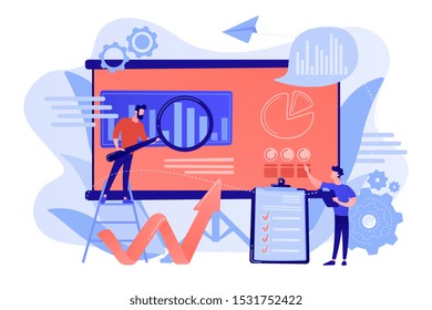 Workgroup admit and identify, measure and prioritize, implement a strategy. Risk management team, risk management training and objective concept. Pinkish coral bluevector isolated illustration