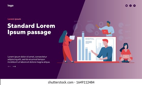 Workgroup analyzing report. Team using laptops, worker presenting bar chart flat vector illustration. Marketing, analysis, work on project concept for banner, website design or landing web page