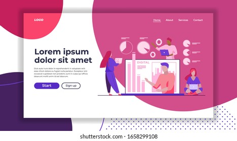 Workgroup analyzing report. Team using laptops, worker presenting bar chart flat vector illustration. Marketing, analysis, work on project concept for banner, website design or landing web page