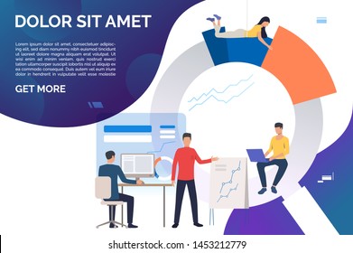 Workgroup building diagram, holding presentation, analyzing reports. Marketing, data, growth chart. Analysis concept. Vector illustration can be used for posters, webpage design, landing page template