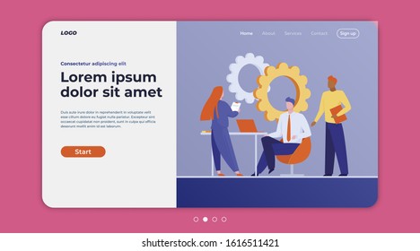 Workgroup collaborating on project. Team discussing work at laptop near gears flat vector illustration. Teamwork, business process concept for banner, website design or landing web page