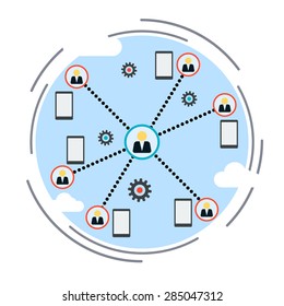 Workgroup, social network, co-working, distant work flat design style vector illustration