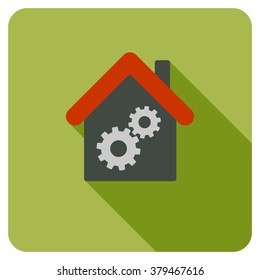 Workhouse long shadow vector icon. Style is a flat symbol on a colored rounded square button.