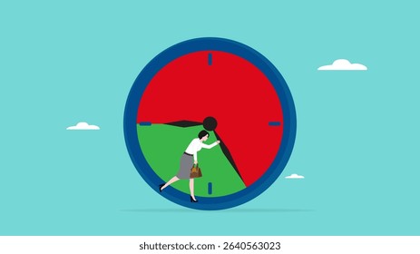 working 9 to 5 concept illustration, office work routine by working everyday, burnout or work life balance, overwork every day, woman employee who are tired of working beyond 9 to 5 work hours