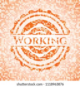 Working abstract emblem, orange mosaic background