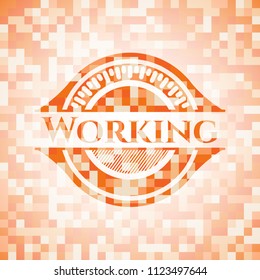 Working abstract emblem, orange mosaic background