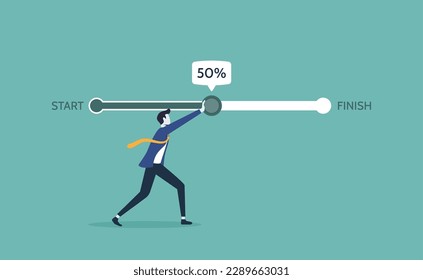 Working accomplishment concept, effort to finish work in deadline, businessman pushes working progress bar to finish indicator, working project progress, ambition or career challenge to achieve