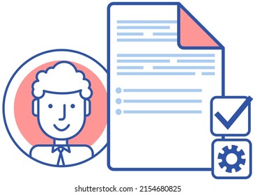 Working in accounting, data analysis, audit, project management, research concept. Office paper sheet, digital papework near user profile icon. Man works with statistics and data analysis documents