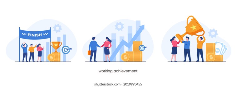 Working achievement, reward, business teamwork, growth profit, flat vector illustration banner