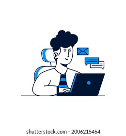 working activity concept. A man receive and sending email from laptop. trendy vector illustration style