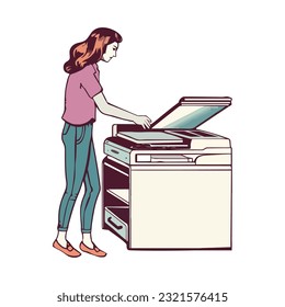 Working adults in modern office using photocopier icon isolated