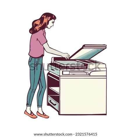 Working adults in modern office using photocopier icon isolated