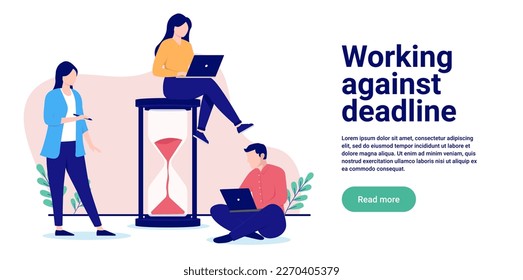 Working against deadline - Team of office people doing computer work around hour glass. Flat design vector illustration with white background and copy space for text