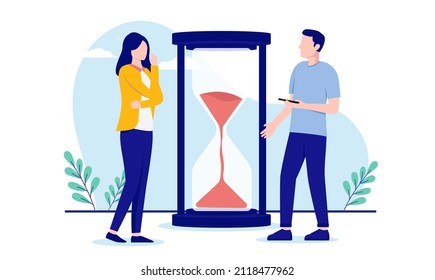 Working against deadline - Two people, man and woman running out of time in front of hourglass. Flat design vector illustration with white background