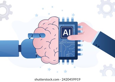 Trabajar con IA. Colaboración humana y artificial, integrando inteligencia artificial y redes neuronales en el flujo de trabajo. Empresario y manos robóticas conectando chip con cerebro. Concepto de innovación.