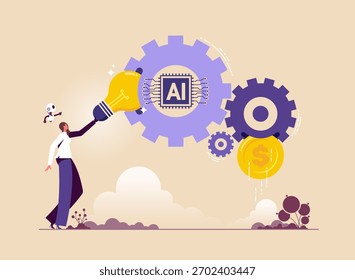 Trabajar con IA o asociarse con un concepto de robot, una empresaria y una colaboración de robots, integrando la inteligencia artificial en el flujo de trabajo para ganar dinero
