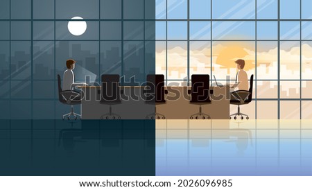 Working all-time in day and night. An employee salaryman working in company workplace meeting conference room. The routine lifestyle of office people city lifestyle. Working hard, overtime, overwork. 