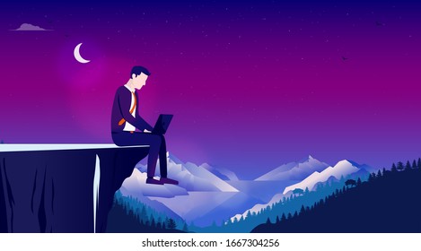 Working alone. Man sitting on cliff at night working on laptop computer. Business, work loneliness and solitude concept. Vector illustration.