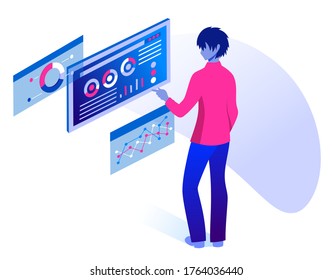 Working with Analytics background. Modern illustration slider site page. Concept of work conduct analyses. Web banner analyze your work. Vector design image.
