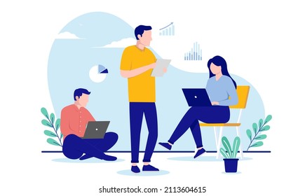 Working with analytics - casual business people working on computers with graphs and charts. Flat design vector illustration with white background