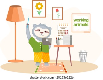 Working animals cute cartoon character works at home with laptop, performs work and tasks. Little bear freelancer working on tablet and computer at home or coworking space. Home education concept