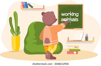 Working animals cute cartoon character works at home with laptop, performs work and tasks. Bear writes on blackboard working on tablet and computer at home or coworking space. Home education concept