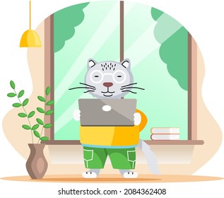Working animals cute cartoon character works at home with laptop, performs work and tasks. Clever cat freelancer working on tablet and computer at home or coworking space. Home education concept