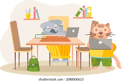 Working animals cute cartoon character works at home with laptop, performs work and tasks. Animal freelancer working on tablet and computer at home or coworking space. Home education concept