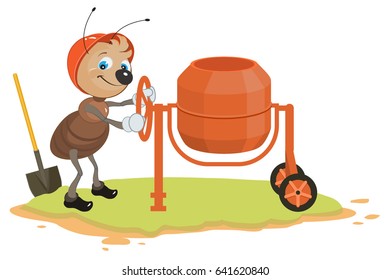 Working ant and concrete mixer. Isolated on white vector cartoon illustration