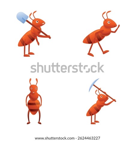 Working ant icons set cartoon vector. Cute ant at work. Cartoon character