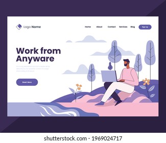 Working from anywhere illustration, man using laptop outdoors, vector concept