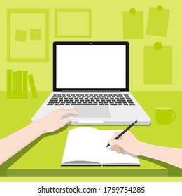 Working area with the person working. That has blank screen of laptop on the desk. the left hand touching on a touchpad of laptop and the right hand writing on a notebook. vector illustration