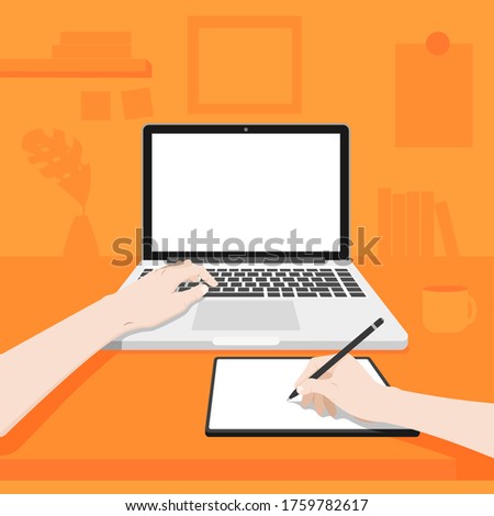 Working area with the person working. That has blank screen of laptop on the desk. the left hand using on a keyboard of laptop and the right hand using a graphics tablet. vector illustration