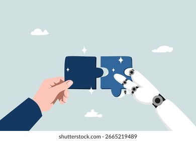 Working with Artificial Intelligence to achieve success together, apply AI to solve problems or get solutions, innovation or automation, human hands connecting puzzles with AI robots.