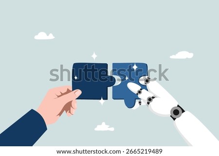 Working with Artificial Intelligence to achieve success together, apply AI to solve problems or get solutions, innovation or automation, human hands connecting puzzles with AI robots.
