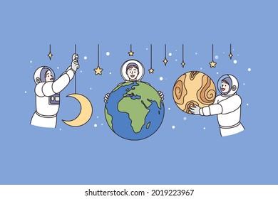 Working as astronaut and universe concept. Young men astronauts in working uniform holding planets and stars embracing universe vector illustration 