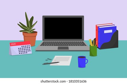 Arbeitsatmosphäre. Laptop auf dem Desktop, Vektorgrafik