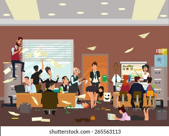  Working Atmosphere In The Office. Coordinated Work In Friendly Team In The Office.  Vector Illustration Of A Flat Style. 