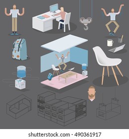 Working atmosphere in the office. Young businessman. Open space office building. Office stuff illustration