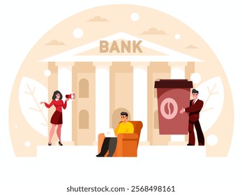 Working in a bank concept. Businesswoman with megaphone. Attention announcement, important message. A programmer sitting in a chair and working at a laptop. Businessman with a coffee cup