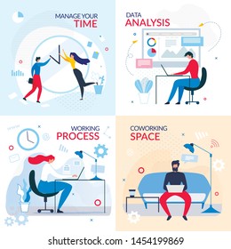 Working Banner Set with Flat Cartoon Office People. Time Management, Workflow Process, Data Analysis, Coworking Space. Freelance, Entrepreneur, Dealer, Marketer, Analytics. Vector Flat Illustration