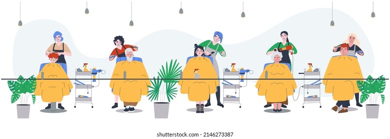 Working in a barbershop. Clients - men, women and a child sit for haircuts and styling. Flat vector illustration. Eps10