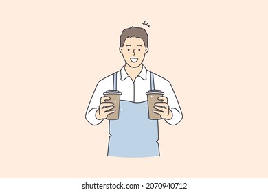 Working as barista in cafeteria concept. Young smiling man barista cartoon character wearing apron standing holding cups with coffee drink vector illustration 