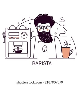 Working as barista in cafeteria.Man making coffee.Cafe counter.Doodle sketch style.Coffee machine appliance.Coffee break concept. Outline vector illustration.