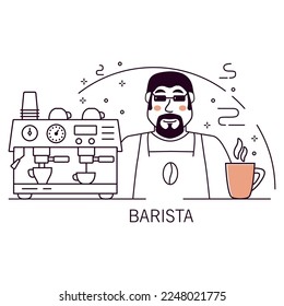 Working as barista in cafeteria.Man making coffee.Cafe counter.Doodle sketch style.Coffee machine appliance.Coffee break concept. Outline vector illustration.