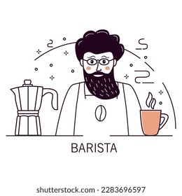 Trabajar como barista en la cafetería.Fabricar café.Cafetería.Estilo de boceto.Equipo de café.Concepto de descanso para café. Ilustración del vector de contorno.