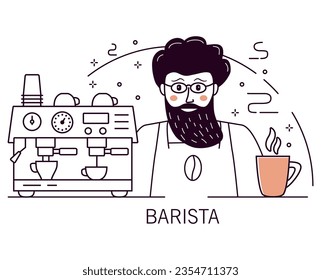 Working as barista in cafeteria.Man making coffee.Cafe counter.Doodle sketch style.Coffee machine appliance.Coffee break concept. Outline vector illustration.