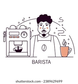 Working as barista in cafeteria.Man making coffee.Cafe counter.Doodle sketch style.Coffee machine appliance.Coffee break concept. Outline vector illustration.